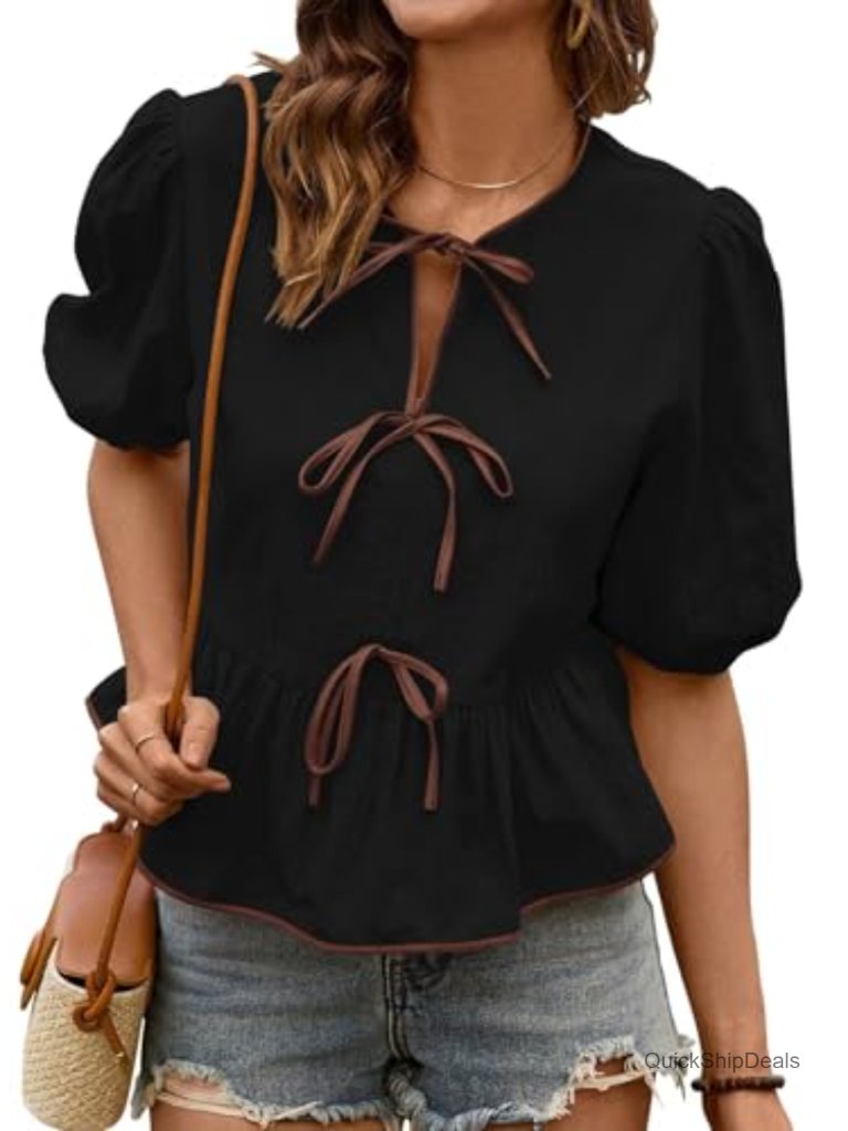 Bowknot Puff Short Sleeve Peplum Blouse Dressy Casual Flowy Top